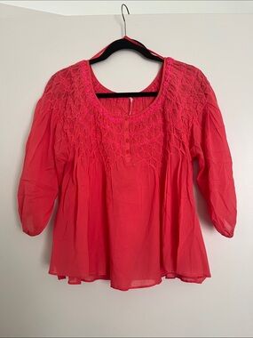 Free People Hot Pink Smocked Peasant Blouse